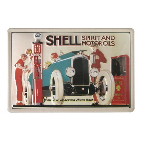 plaque métal publicitaire 20x30 cm bombée en relief  : SHELL spirit and motors oils.