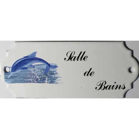 Plaque de porte émaillée décor dauphin :  Salle de Bains