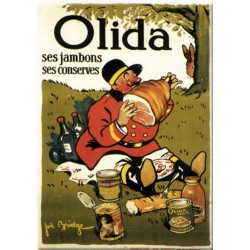 Plaque métal  publicitaire 15x21cm bombée :  OLIDA ses Jambons, ses Conserves.