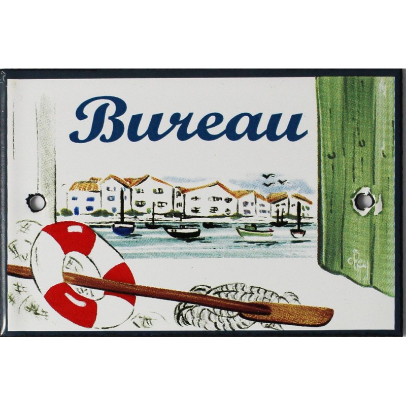 Plaque de porte émaillée plate de 10,5 x 7cm décor Port : BUREAU