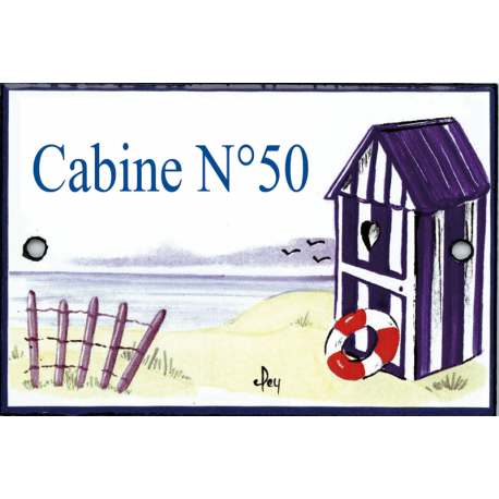 plaque de porte émaillée décor Cabine de plage format  7x10,5cm