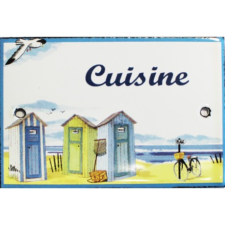 Plaque de porte émaillée plate de 10,5 x 7cm décor plage : CUISINE