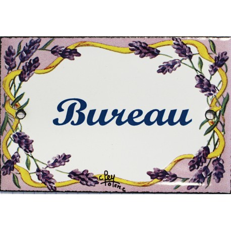 Plaque de porte émaillée plate de 10,5 x 7cm décor lavandes : BUREAU.