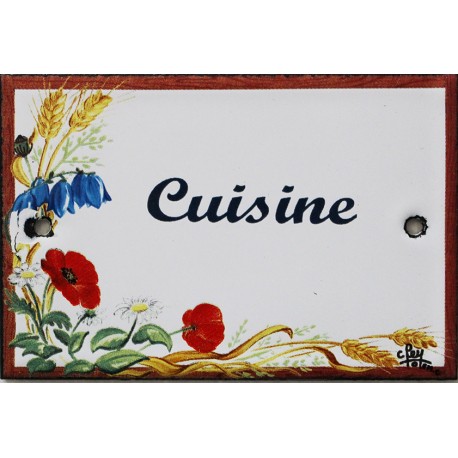 Plaque de porte émaillée plate de 10,5 x 7cm décor Fleurs des champs :  ESSUYEZ VOS PIEDS.