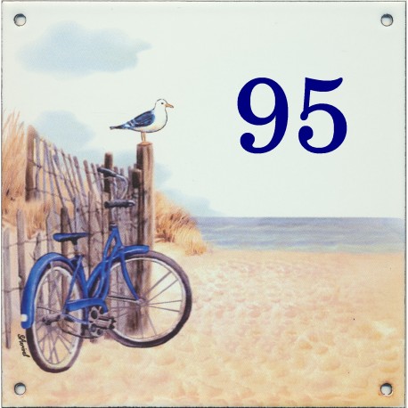 Plaque émaillée 15 x 15 cm : Décor vélo bleu à la plage