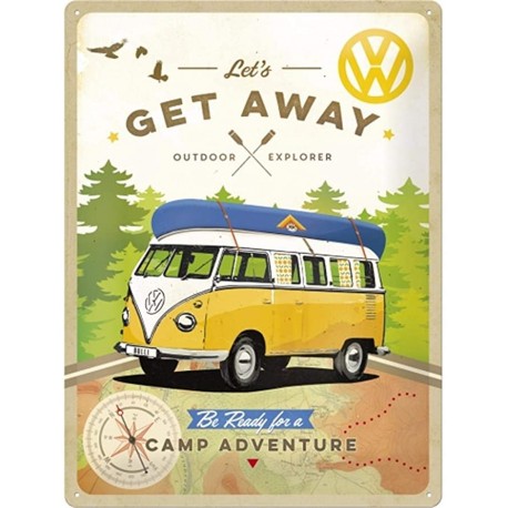 plaque métal publicitaire 30x40cm bombée en relief :  VW Combi Be Ready for a camp adventure