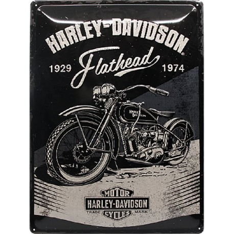 plaque métal publicitaire 30x40cm bombée en relief :  HARLEY DAVIDSON USA FLATHEAD 1929-1974