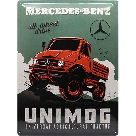 plaque métal publicitaire 30x40cm bombée en relief : MERCEDES-BENZ UNIMOG