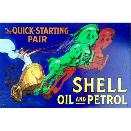 Plaque métal publicitaire 42 x 28cm plate : SHELL OIL AND PETROL - THE QUICK STARTING PAIR