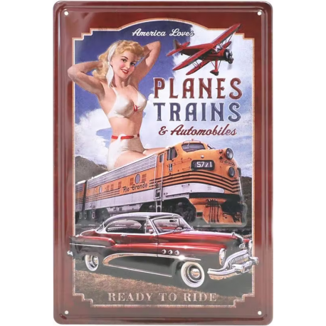 Plaque métal publicitaire plate avec relief 20 x 30 cm : Planes Trains & Automobiles