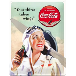 plaque métal publicitaire 30x40cm bombée en relief : Coca-Cola Aviatrice