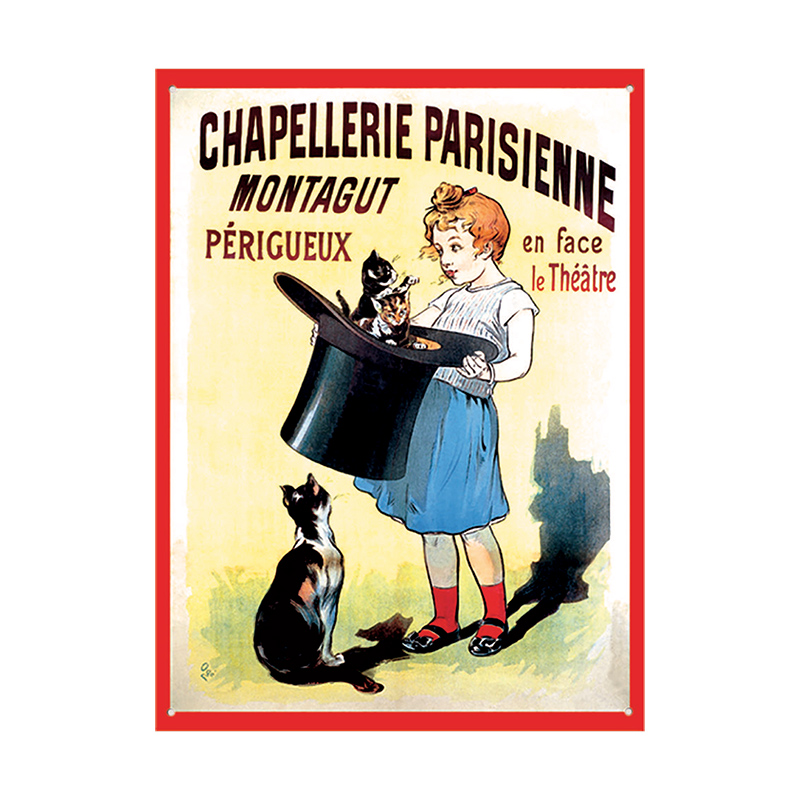 Plaque métal publicitaire plate avec relief 26 x 36 cm : Chapellerie Parisienne