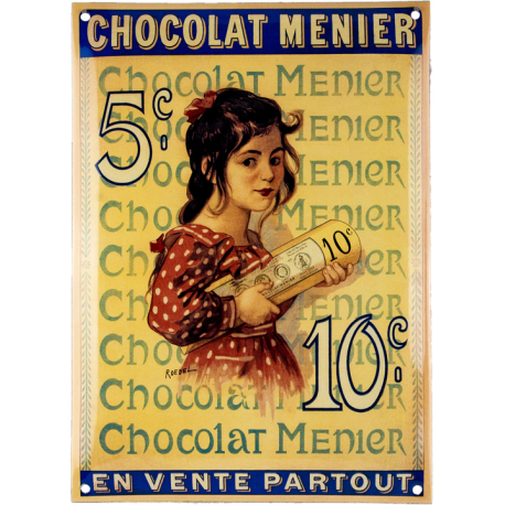 Plaque émaillée bombée 25 x 35 cm : CHOCOLAT MENIER EN VENTE PARTOUT