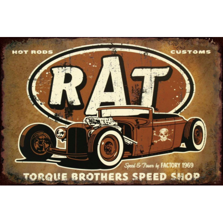 Plaque métal plate 20 x 30 cm : RAT - Hot rod customs