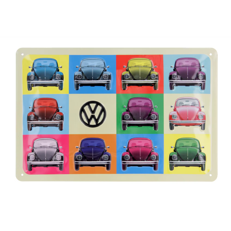 Plaque métal en relief bombée 20 x 30 cm :  VW Coccinelles multicolores