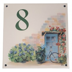Plaque emaillée 15 x 15 cm : Numéro 8 - Façade avec vélo