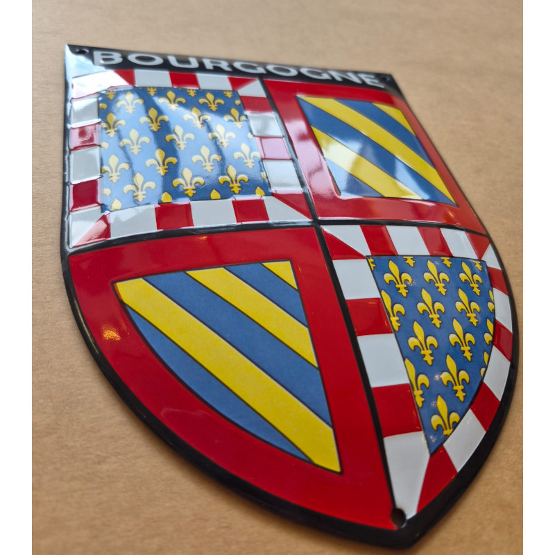 Blason de Bourgogne émaillé bombé vu de biais : écu en relief et émail brillant