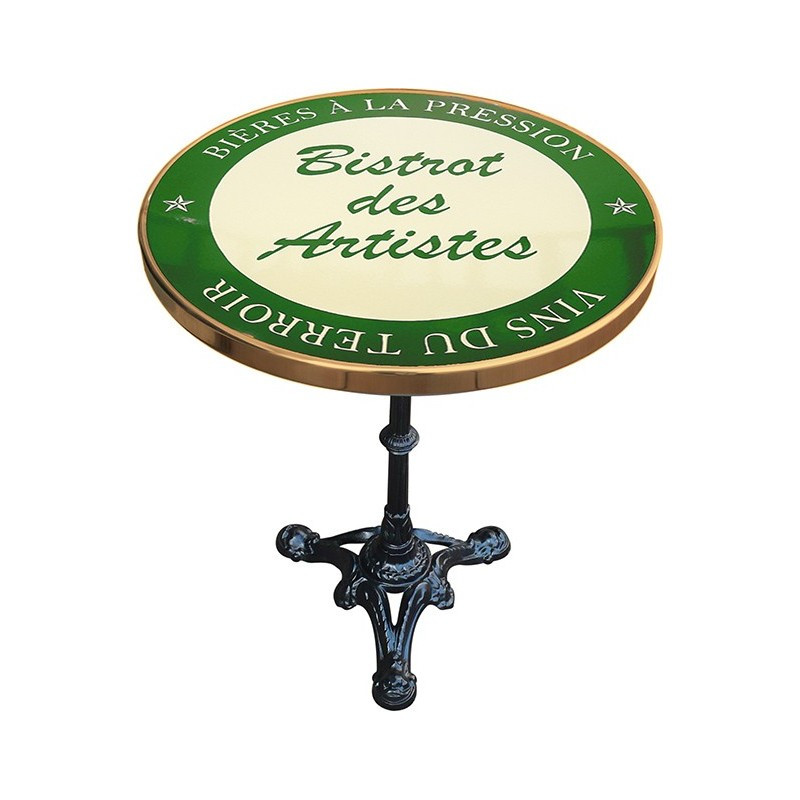 Table de bistrot émaillée en relief diamètre 60 cm : Bistrot des artistes bleu ou vert