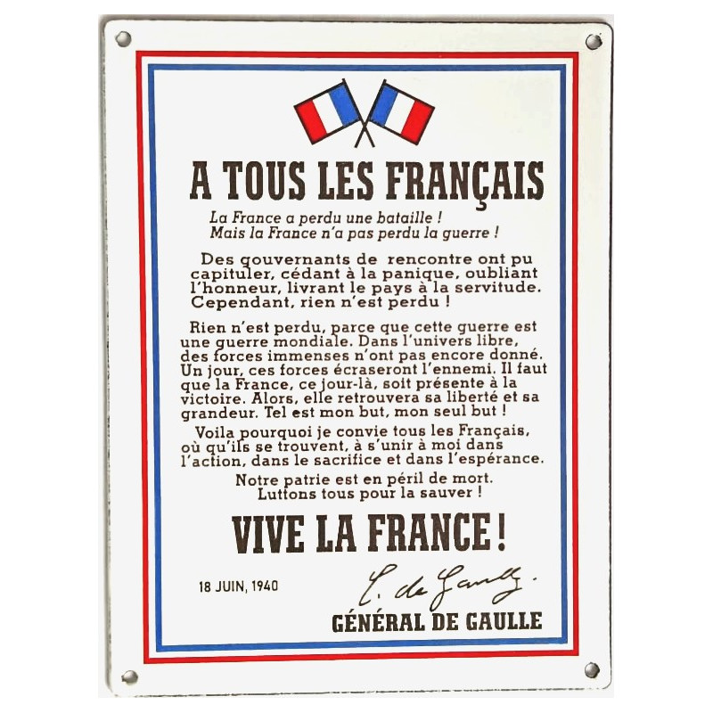 Plaque émaillée 12 x 16 cm  :  APPEL DU  18 JUIN