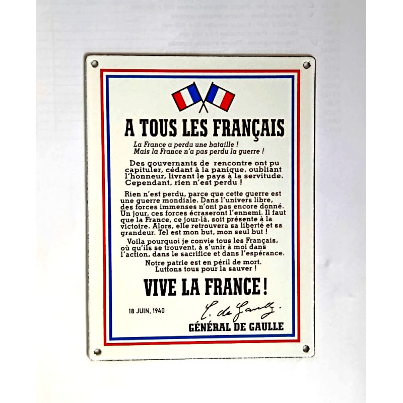 Plaque émaillée 12 x 16 cm  :  APPEL DU  18 JUIN