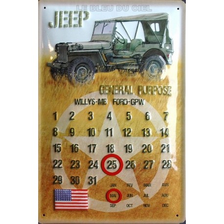 Calendrier métal  publicitaire 20x30cm bombée en relief :  Jeep militaire