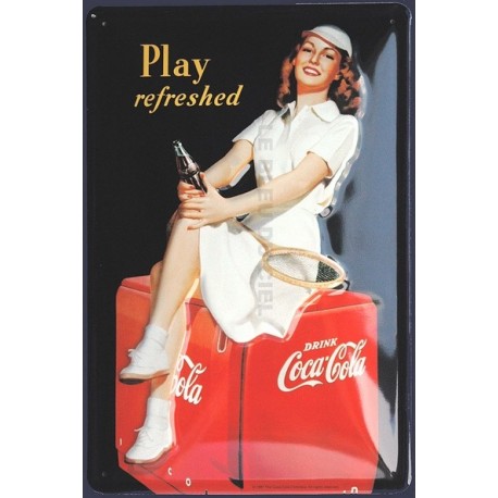Plaque métal publicitaire 20x30 cm bombée en relief  : Play Refreshed Coca Cola