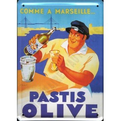 Plaque métal publicitaire 15x21cm bombée : Pastis Olive.