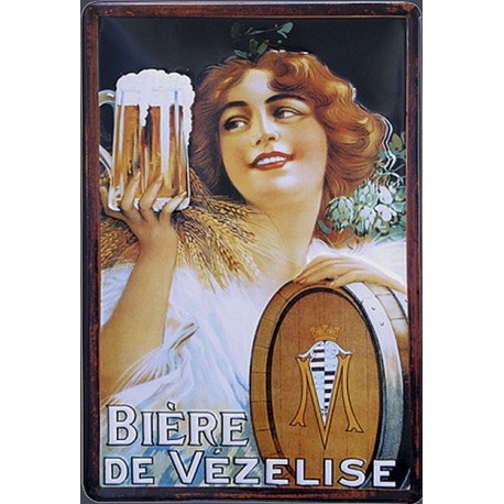 Plaque métal publicitaire 20x30 cm bombée en relief : Bière de Vézelise