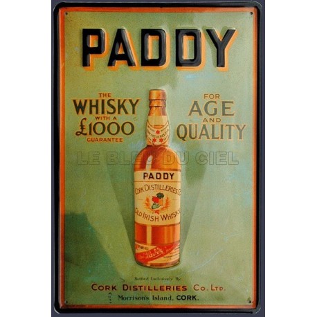 Plaque métal publicitaire 20x30 cm bombée en relief : Paddy The Whisky