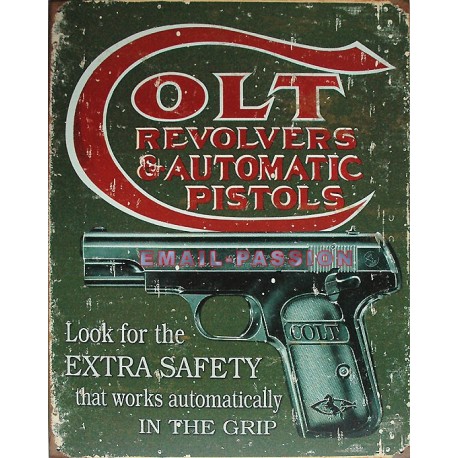 Plaque métal publicitaire :  30x40 cm plate : Révolver Colt Extra Safety