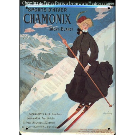 Plaque métal publicitaire 15x21cm bombée : Chamonix Skieuse.