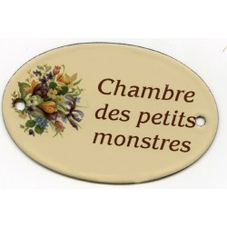 Pour votre décoration : Plaque de service émaillée plate de 11x7cm crème, fleurs assorties CHAMBRE des petits MONSTRES