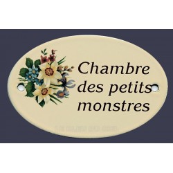 Pour votre décoration : Plaque de service émaillée plate de 11x7cm crème, fleurs assorties CHAMBRE des petits MONSTRES
